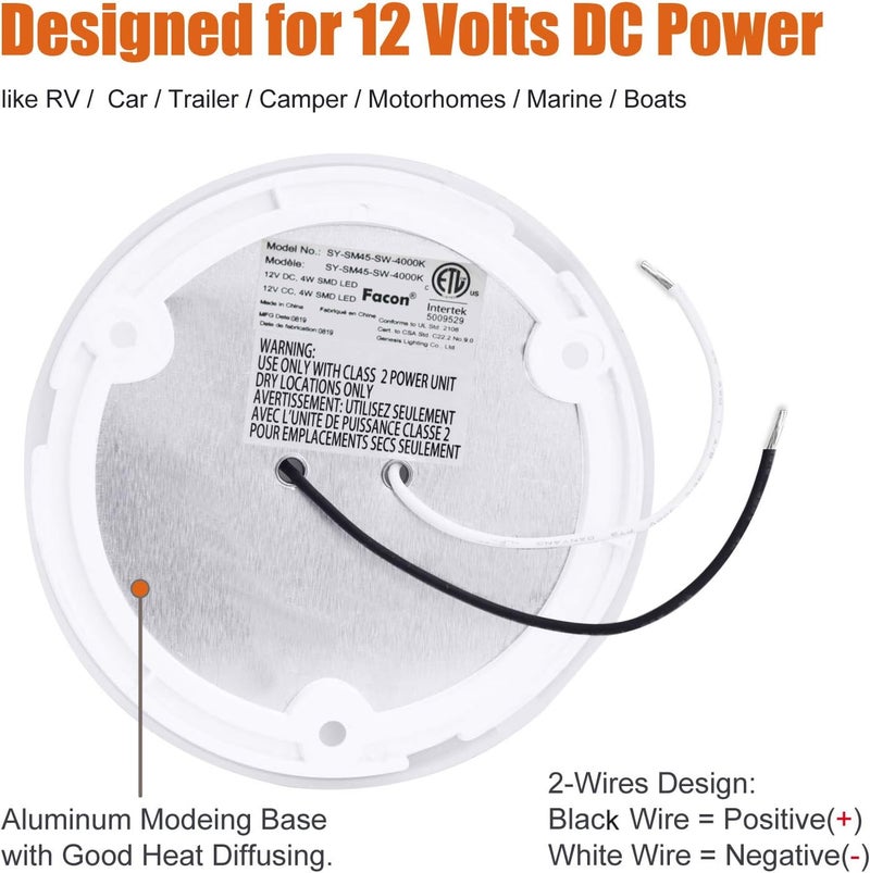 FACON 6-Pack Ultra Slim 4.5'' 12V RV Puck Lights w/Switch, SY-SM45 4000K Cool White LED Interior Lights for RVs, Camper Van, Boats, 12V Dome Light Fixture – cETL Certified - Image 5